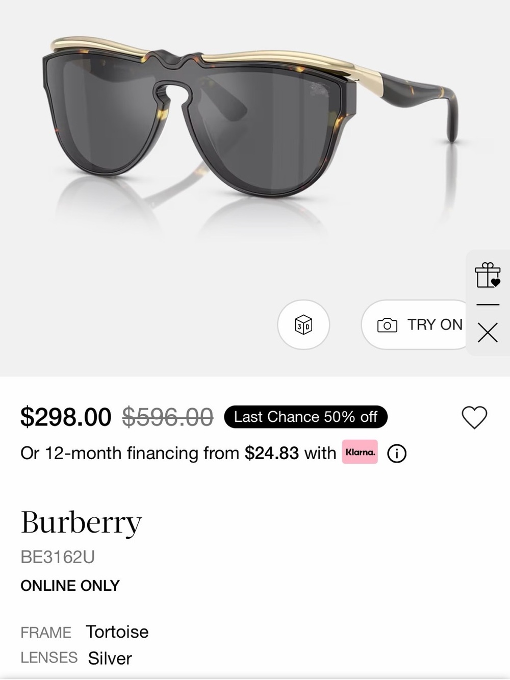 Burberry Bl Tortoise and Silver Oversized Shield Sunglasses
